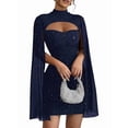 thumbnail image 2 of Women'S Round Neck Ribbed Chiffon Dress with Pearl Detail Cape Style Bodycon Slip Dress Navy Blue XL, 2 of 6