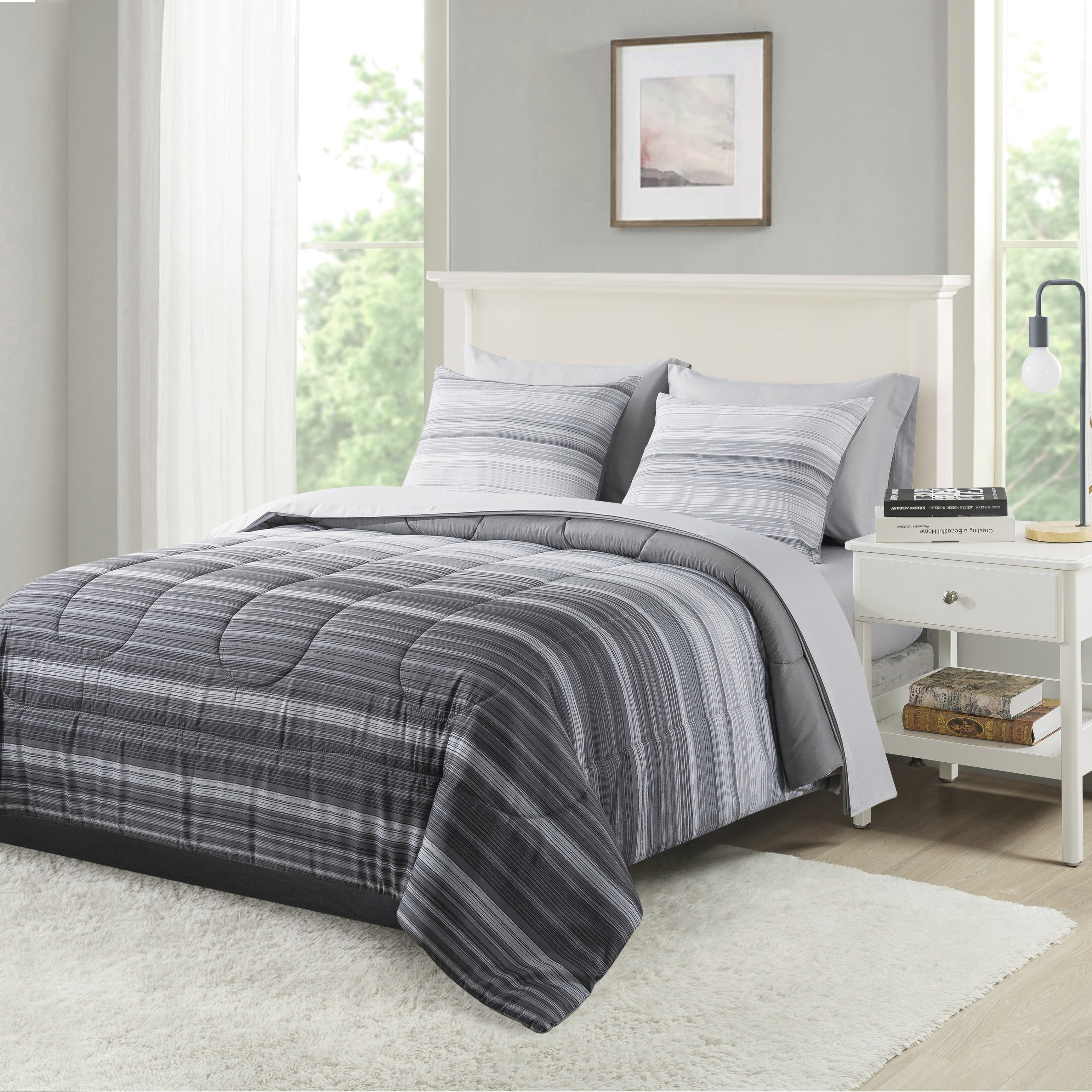 Mainstays 7-Piece Reversible Bed in a Bag Comforter Set with Sheets, Gray Stripe Ombre, Full