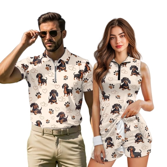 KUIFORTI Funny Matching Couple Golf Outfits, Dachshund Print His and Hers Golf Shirts & Women's Tennis Dress Set, Quarter Zip Moisture Wicking Sports Apparel, Mr and Mrs Gifts for Summer Vacation