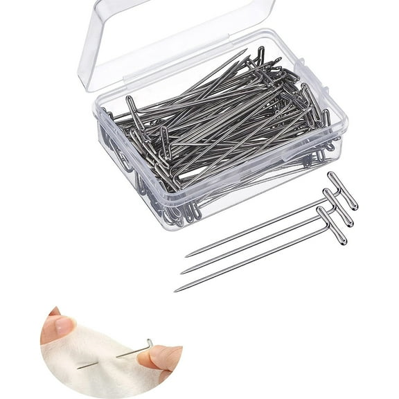 100pcs 2 inch T Pins for Wigs, Stainless Steel Wig Pins, Push Pin Kit with Plastic Box,T Shape Sewing Pins for Blocking Crochet Knitting Crafts Sewing Jewelry Making (Happon T Pins)