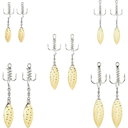 10Pcs 5 Sizes Fishing Three Hooks Treble Fishing Hook with Lure Treble Hooks with Willow Blade Replacement Bladed Spinner Hooks for Trout Bass Freshwater Saltwater