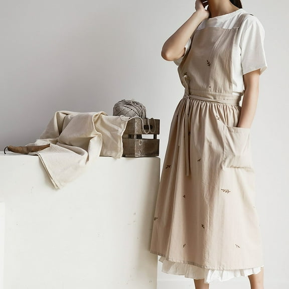 Japanese Cotton Linen Cross Back Apron for Women with Pockets,Fashion Pinafore Dress with Waist Ties