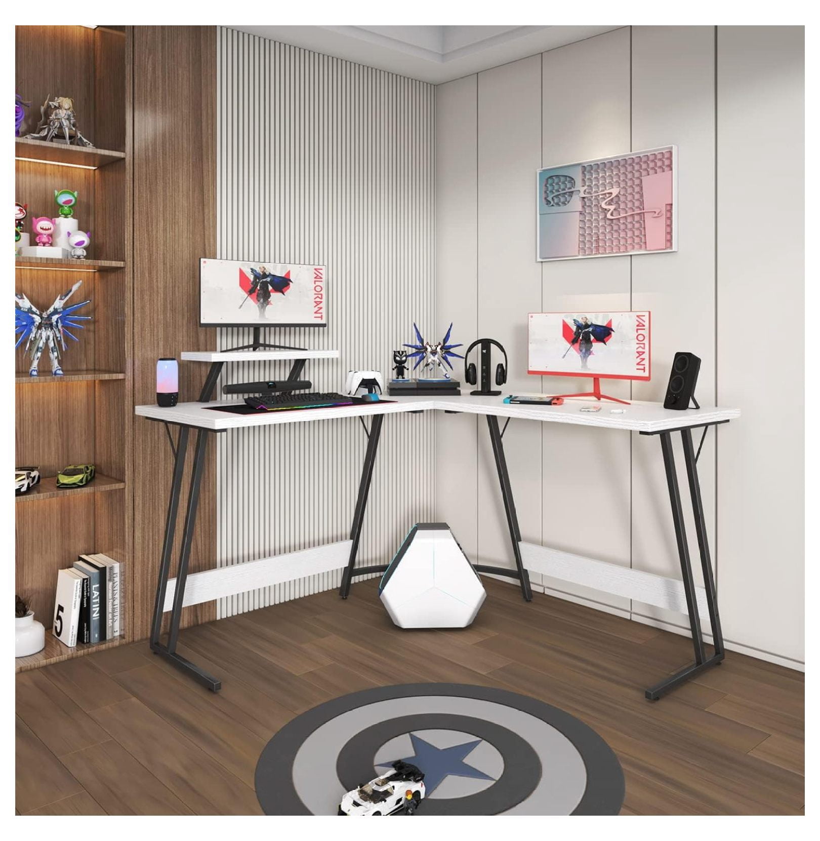 SONGMY L Shaped Gaming Desk Computer Corner Desk PC Gaming Desk Table with Large Monitor Riser Stand for Home Office Sturdy Writing Workstation (Classical White, 51 Inch)