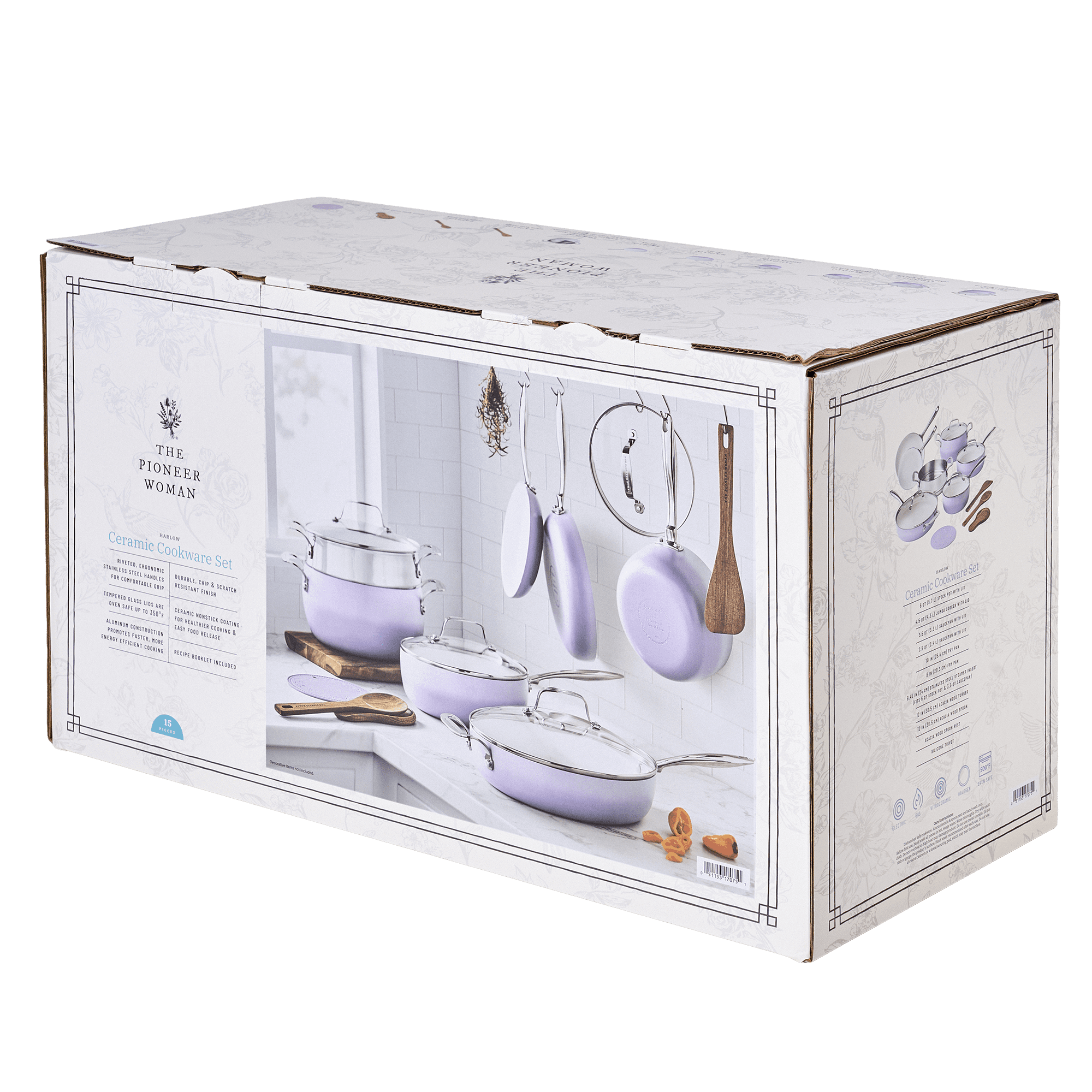 The Pioneer Woman Harlow 15-Piece Ceramic Non-Stick Aluminum Cookware Set, Iris