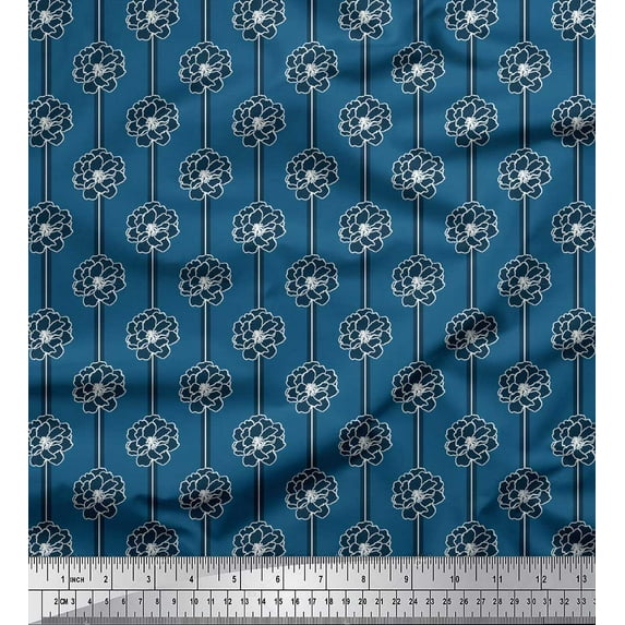 Soimoi Blue Cotton Poplin Fabric Stripe & Peony Floral Print Fabric by Yard 58 Inch Wide
