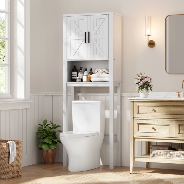 Freestanding Over Toilet Storage Cabinet,Above Toilet Storage Cabinet with Open Storage Shelf,Adjustable Shelf,Open Organizer, Reversible Side Rack, Anti-Tip Space Saver for Restroom Laundry Room