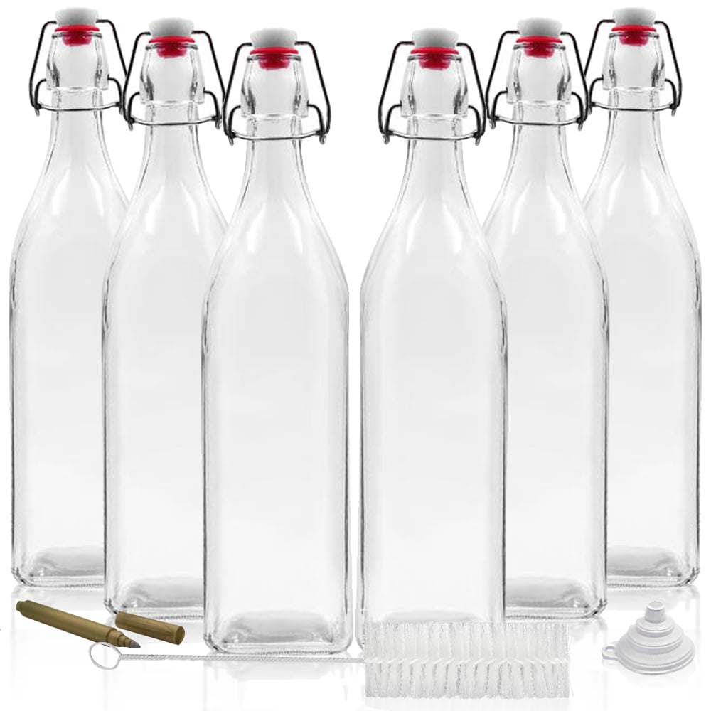 Nevlers 33 Oz. Airtight Glass Bottles with Steel Swing Top Rubber Seal Covers 6 Pack Square