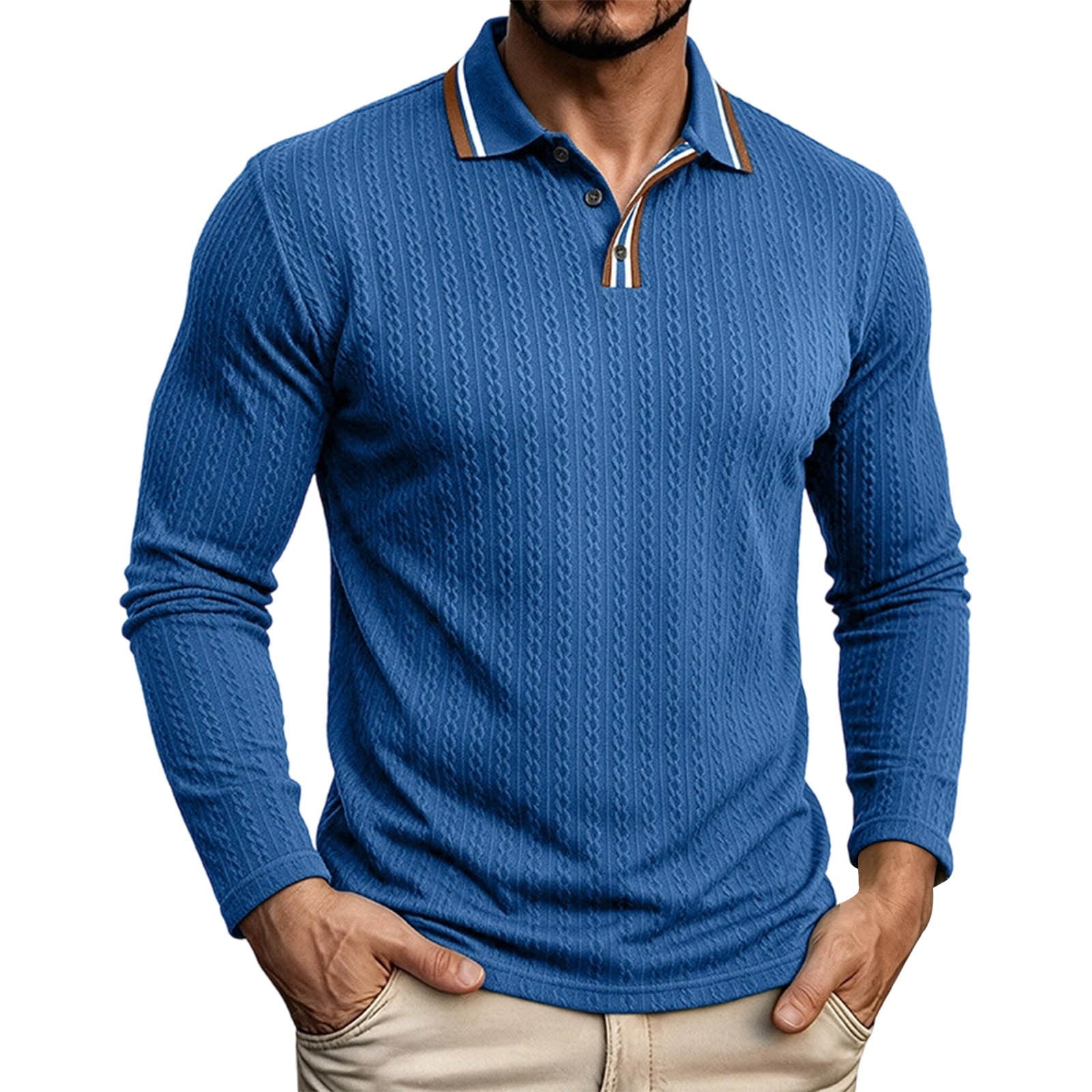 Ltctricy Long Sleeve Shirts for Men Breathable Golf Shirts Jacquard Collared Casual Shirts Trendy Dress Shirts(Blue Large)