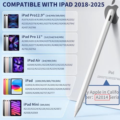 iPad Apple Pencil 9th&10th Generation,Fast Charge Stylus Pen for Palm Rejection and Tilt Sensitivity,Compatible with iPad Pro 11/12.9in,Mini 5/6,iPad 6/7/8/9/10,Air 3/4/5 (White)
