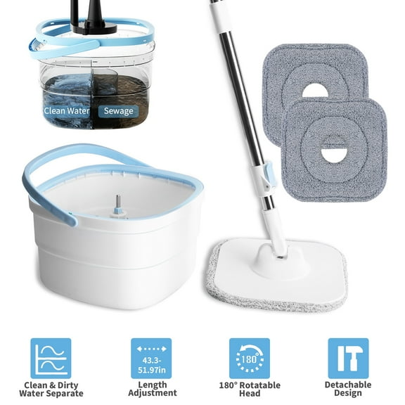 Teqhome Flat Floor Spin Mop and Bucket Set with Wringer System Extended Stainless Steel Handle 52" for Home Floor Cleaning Use with 2 Replacement Microfiber Mop Head