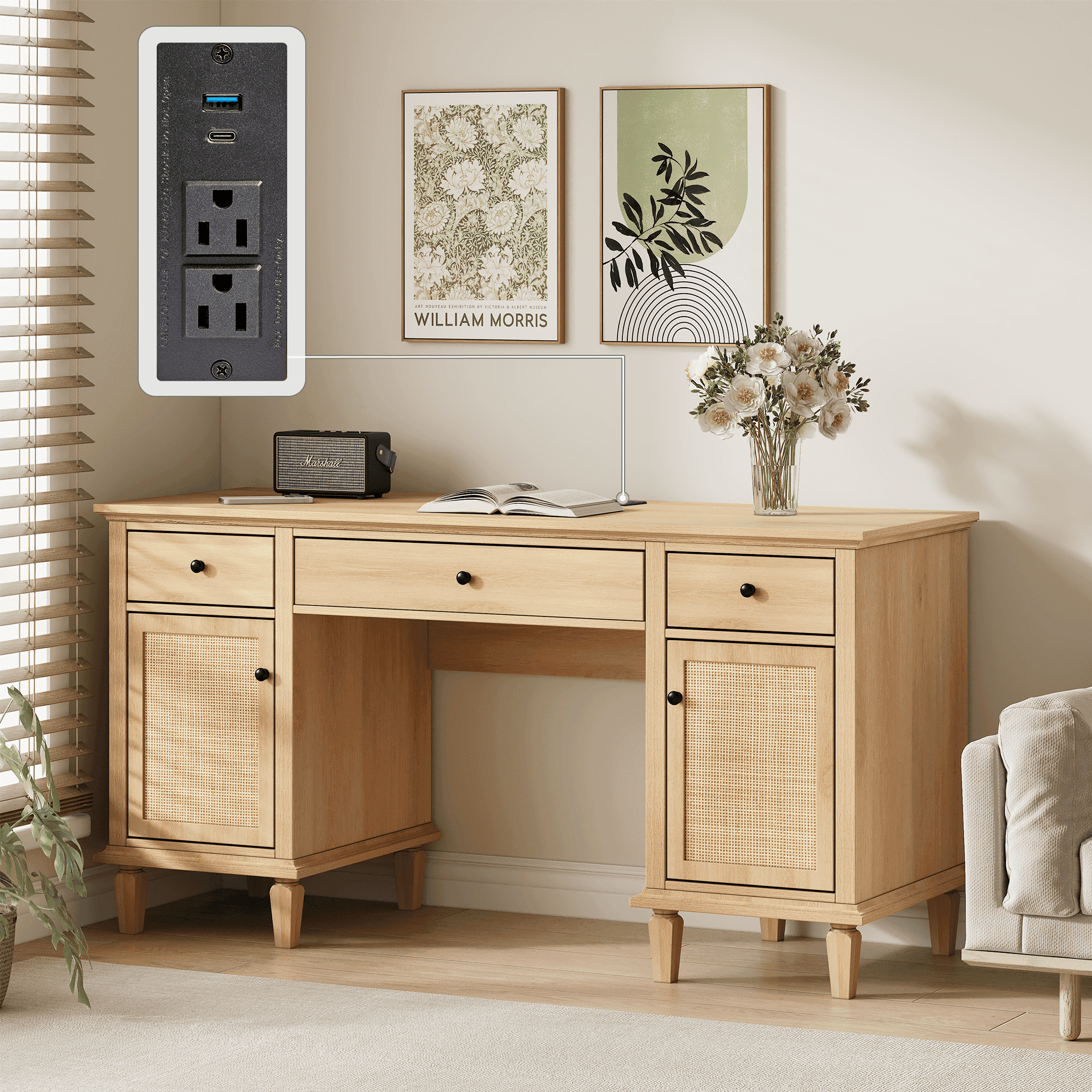 Brafab 3-Drawer Rattan Writing Desk with Storage Shelf & Power Outlets,Computer Desk with 5 Drawers and File Cabinet for Storage Home Office Desks,58.2 x 20.8 in