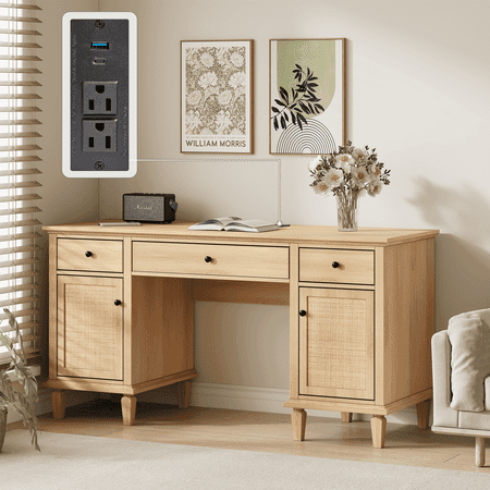 Brafab 3-Drawer Rattan Writing Desk with Storage Shelf & Power Outlets,Computer Desk with 5 Drawers and File Cabinet for Storage Home Office Desks,58.2 x 20.8 in