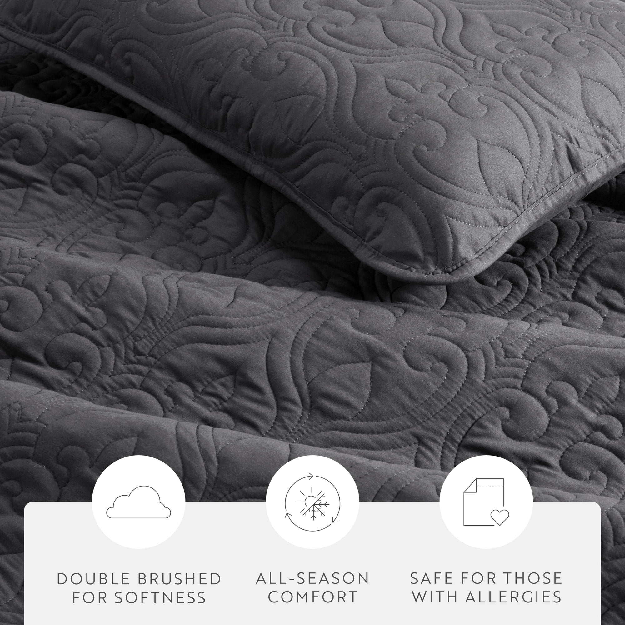 Lightweight Wrinkle Resistant Quilt Sets in Gray Damask for Full/Queen Size Bedding by Comfort Canopy
