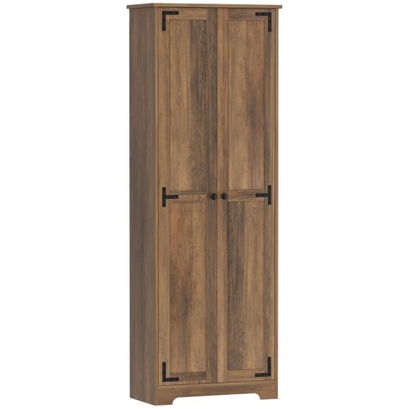67" Farmhouse Pantry Cabinet with 2 Doors, Tall Kitchen Storage Cabinet with 4 Adjustable Shelves, Brown Wood Grain MDF Cabinet for Dining Room, Kitchen, and Office Organization