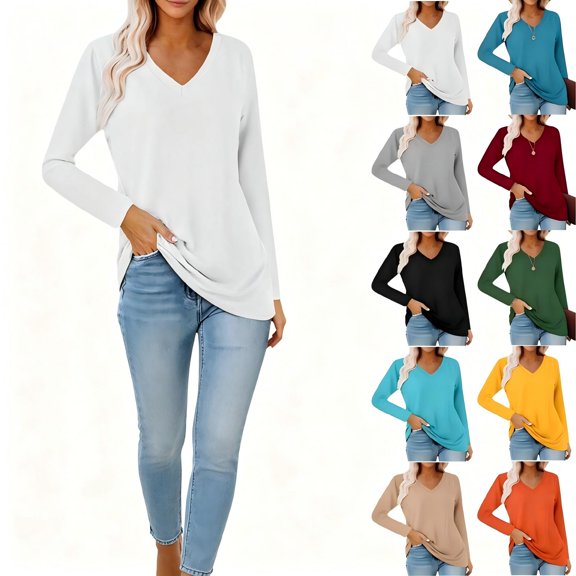 Tqcoqu Womens 2026 Fall Long Sleeve Shirts,Basic Apparel Plus Size Shirts Trendy V Neck Tshirt for Women Curved Hem Tops,Black Women's S-XXXXXL