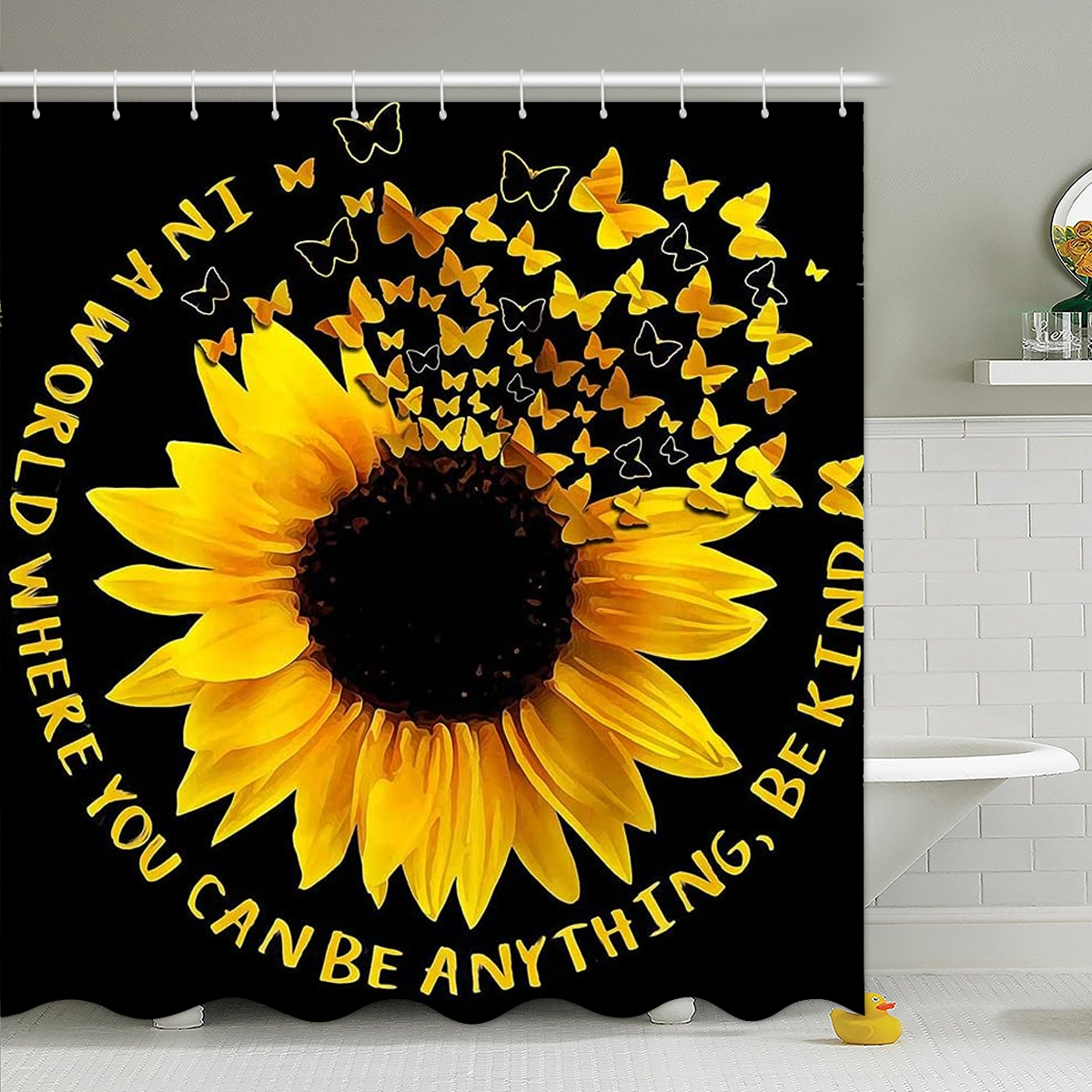 BSHAPPLUS 4pcs Bathroom Sets Sunflower Shower Curtain Sets Waterproof Fabric Shower Curtain with 12 Hooks,Bathroom Decor Shower Curtain and Rug Set Non-Slip Rug,Toilet Lid Cover and Bath Mat