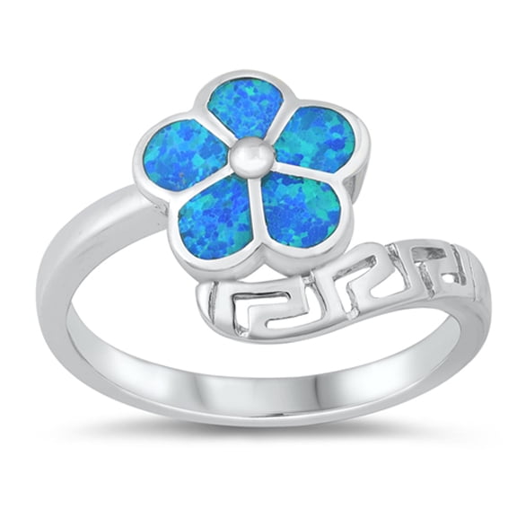 CHOOSE YOUR COLOR Blue Simulated Opal Flower Wrap Ring .925 Sterling Silver Band CZ Female Size 5