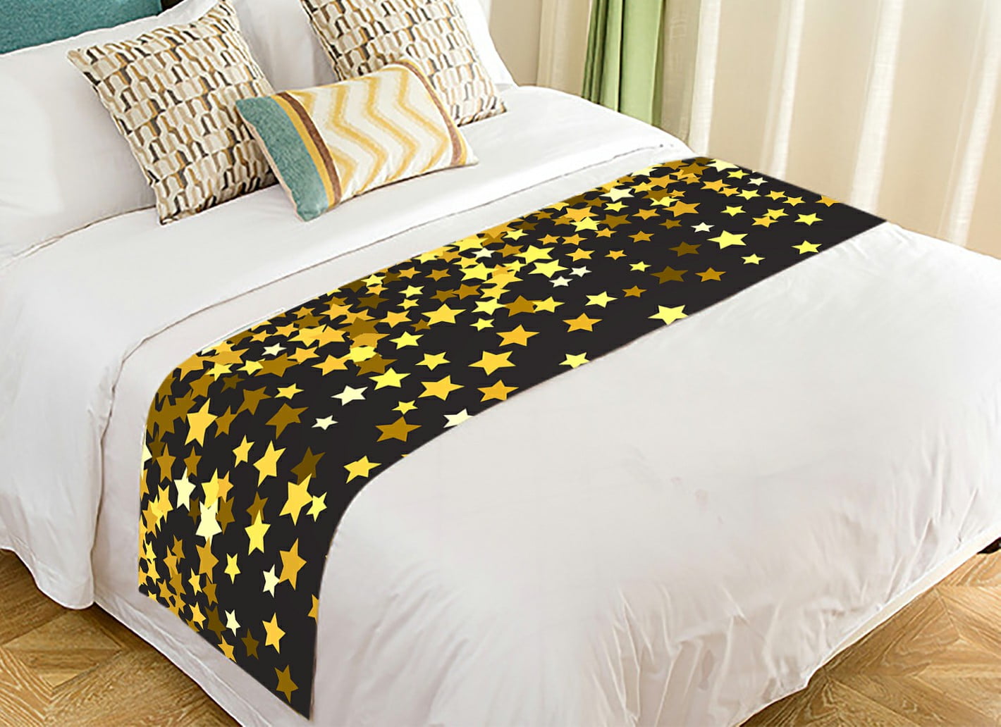 ABPHQTO Falling Gold Stars On Black Bed Runner Bedding Scarf Bed ...