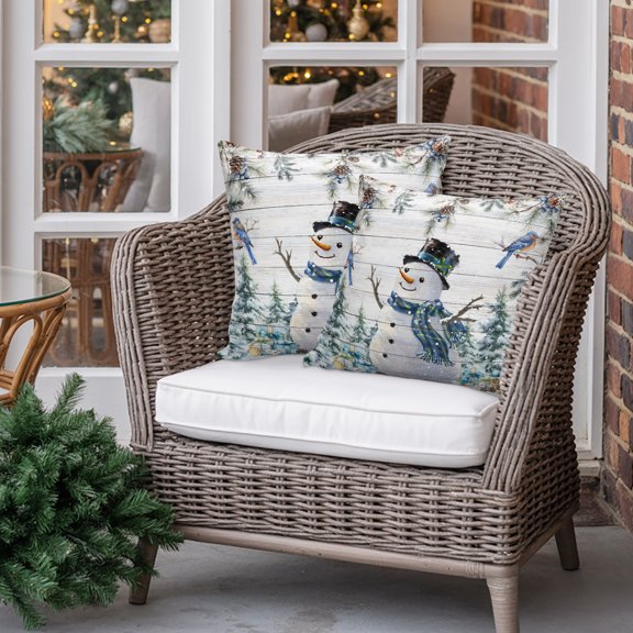 Outdoor Pillow Covers Pack of 2, Snowman on Farm Wood Board Waterproof Throw Pillowcase Cushion Cases, Christmas Tree Bird Decorative Pillow Cover for Couch Sofa Home Bed Patio 16x16in