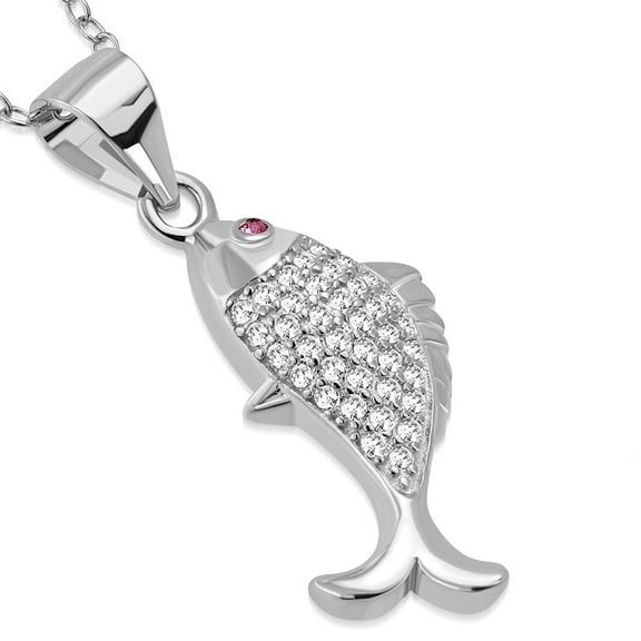 925 Sterling Silver White Clear Red CZ Marine Fish Pendant Necklace, 18"