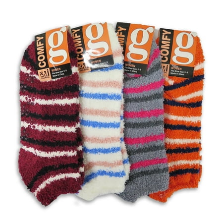 4 Pairs of Women's Non Skid Bed Room Slipper Socks | Soft & Comfy Fuzzy Multicolored Striped Low Cut No Show Socks| Lightweight (4 Pack)