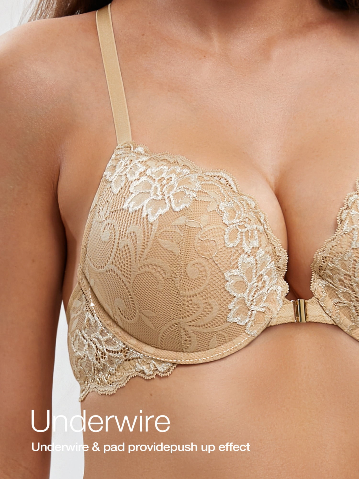 Deyllo Women's Lace Front Clourse Push Up Bra Padded Plunge Underwire Racerback Bra, Nude 38DDD