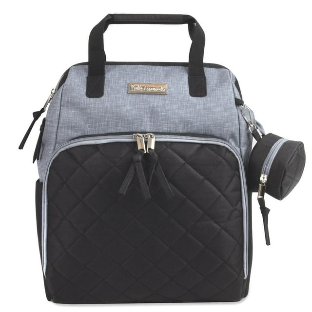 Baby Essentials Super Cooler Main Frame Dual Zipper Closure Diaper Bag Backpack Tote with Matching 6-Ply Changing Pad, Insulated Bottle Pockets, Stroller Straps and Pacifier Pouch in Grey & Black