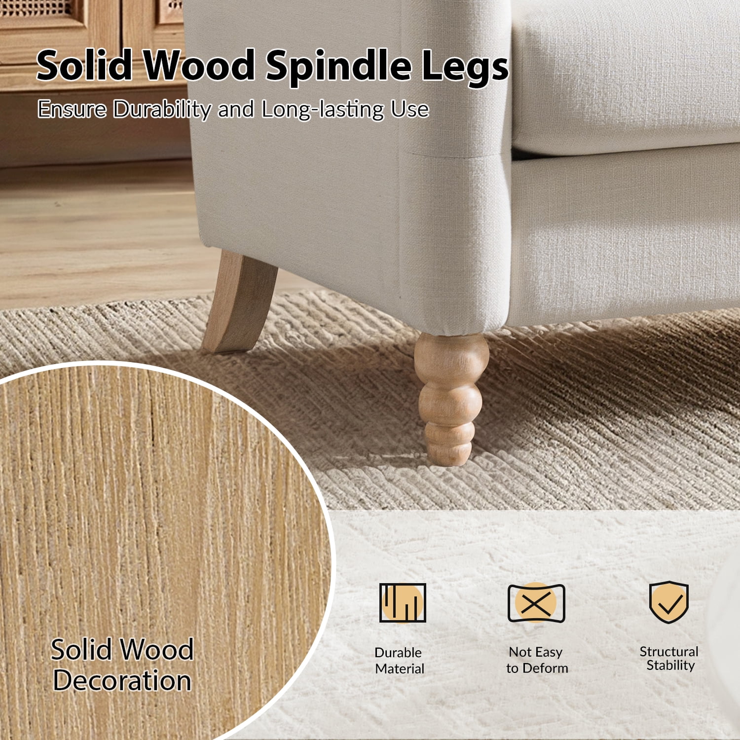 Tina's Home 50" Farmhouse Loveseat Sofa with Slope Arms and Solid Wood Bobbin Legs for Living Room, Ivory