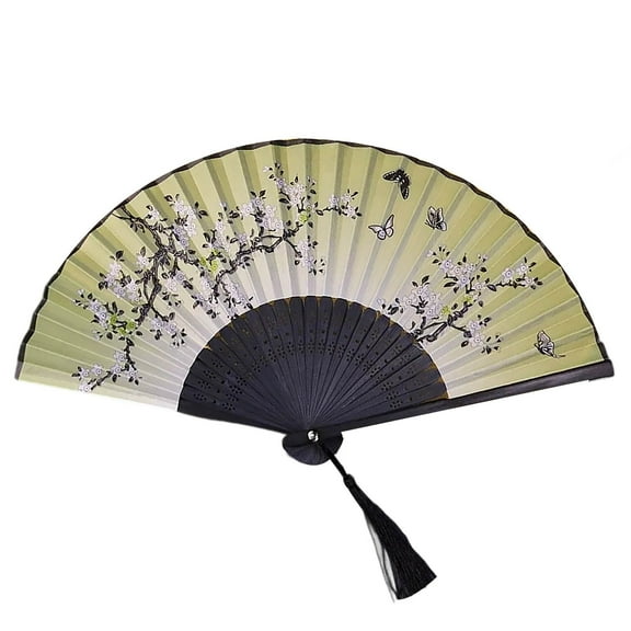 Vintage Bamboo Folding Fan - Handheld Floral Silk Fan with Tassel for Women, for Weddings, , Dancing & Summer Cooling