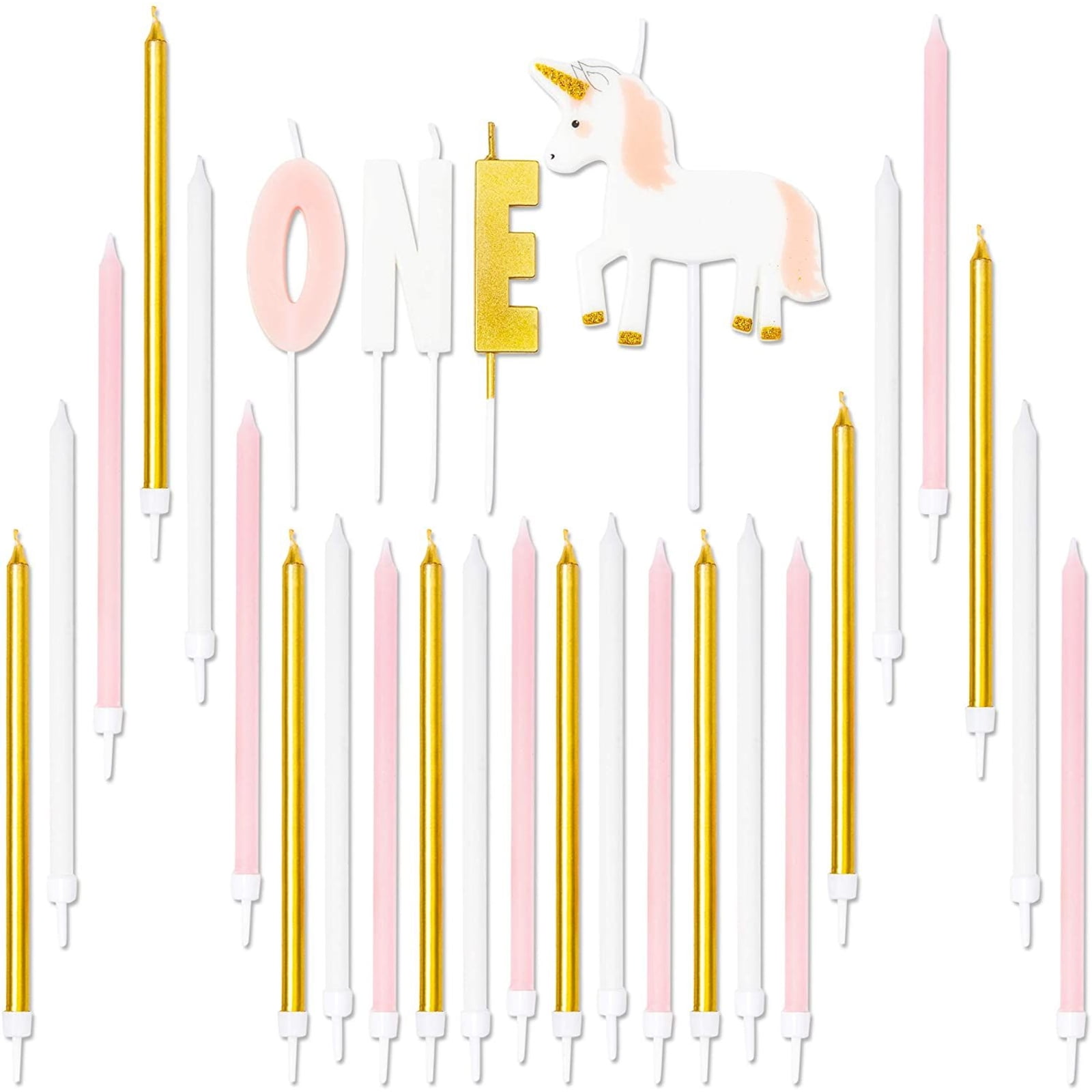 28 Piece Pink Gold Unicorn Birthday Cake Candles Set w/ Holders Value Pack, Letter Candle 'ONE' Cute Unicorn Dessert Topper, Cupcake Topper for Girls Kids Birthday Anniversary Party Dessert Decoration
