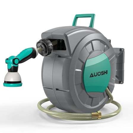 AUOSHI Retractable Garden Hose Reel 1/2 Inch 100ft Automatic Hose Reel with 10 Function Sprayer Nozzle Wall Mount 180 Deg Swivel Bracket Hose Reel with Any Length Lock Slow Return System