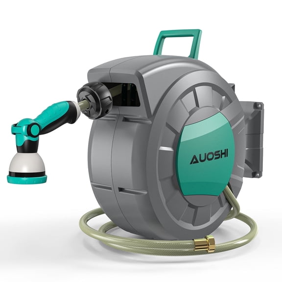 AUOSHI Retractable Garden Hose Reel 1/2 Inch 100ft Automatic Hose Reel with 10 Function Sprayer Nozzle Wall Mount 180 Deg Swivel Bracket Hose Reel with Any Length Lock Slow Return System