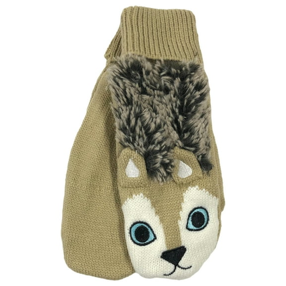 Womens Tan Acrylic Knit Puppy Dog Mittens with Plush Lining