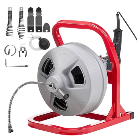 KFFKFF Electric Drain Cleaning Machine, 50 FT x 5/16 Inch Cable, Sewer Auger with 228RPM Motor, Manual Feed, 6 Cutter Heads & Foot-Operated Switch for 2" to 4" Pipes