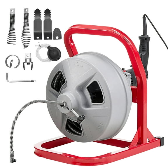 KFFKFF Electric Drain Cleaning Machine, 50 FT x 5/16 Inch Cable, Sewer Auger with 228RPM Motor, Manual Feed, 6 Cutter Heads & Foot-Operated Switch for 2" to 4" Pipes