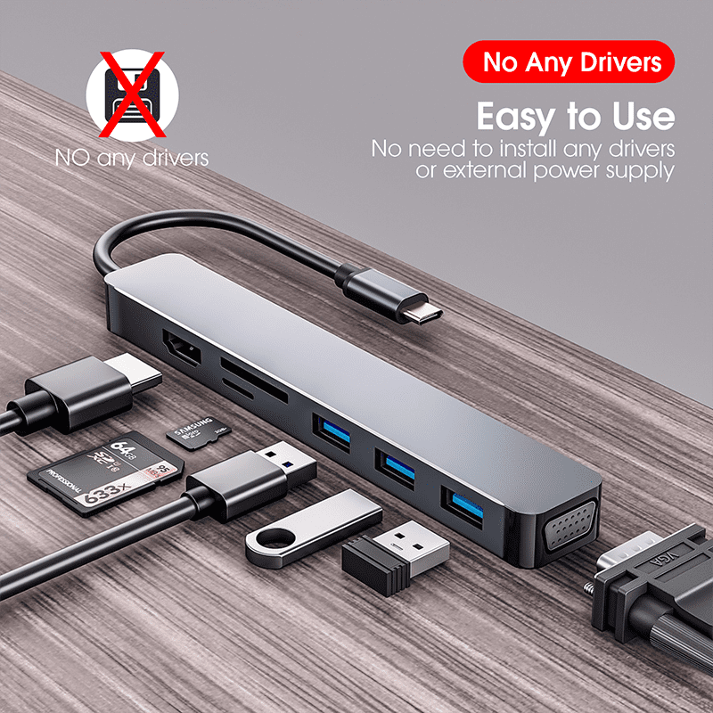 DOONJIEY  Multi USB Adapt Hub Type C To 4K HDTV SD TF Card reader VGA USB 7 Port 7 In 1 USB C Hub For Laptop