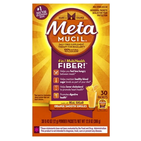 - Metamucil Multi-Health Psyllium Fiber Supplement Powder with Real Sugar, Orange Flavored, 30 packets