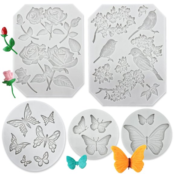 5 Pack Butterfly Rose Flower Stems Birds Blossoms Silicone Fondant Mold, for Making Chocolate Fondant Jelly Polymer Clay Soap Crafting DIY Projects and Cake Decoration
