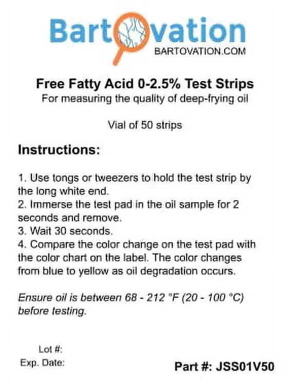 Free Fatty Acids Test Strip (0-2.5% FFA) 50 strips for measuring the quality of deep-frying oil