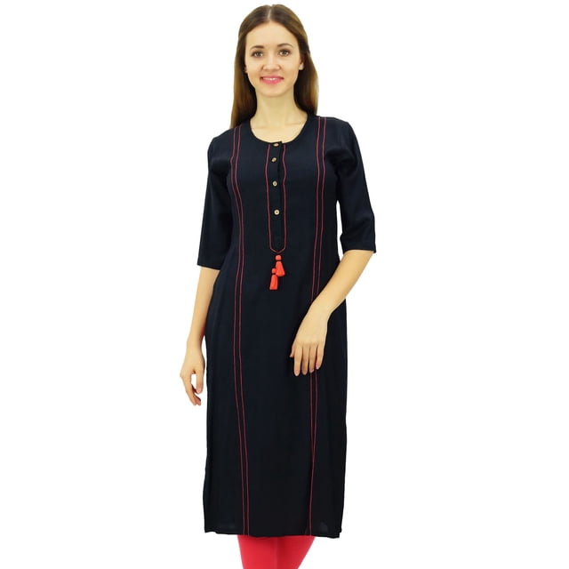 Phagun Kurti Droit Bleu Kurta Classique à Franges Tunique Indienne Décontractée Blouse - 4