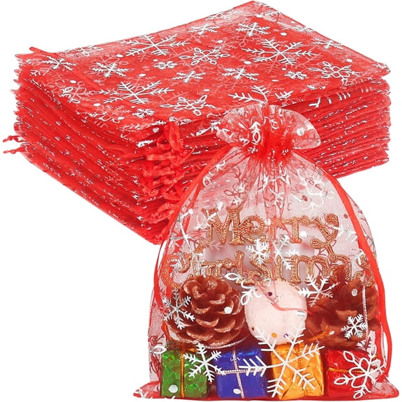 100pcs Snowflake Organza Bags Christmas 5x7 inch, Red Drawstring Mesh Gift Pouches for Jewelry Candy Party Favor