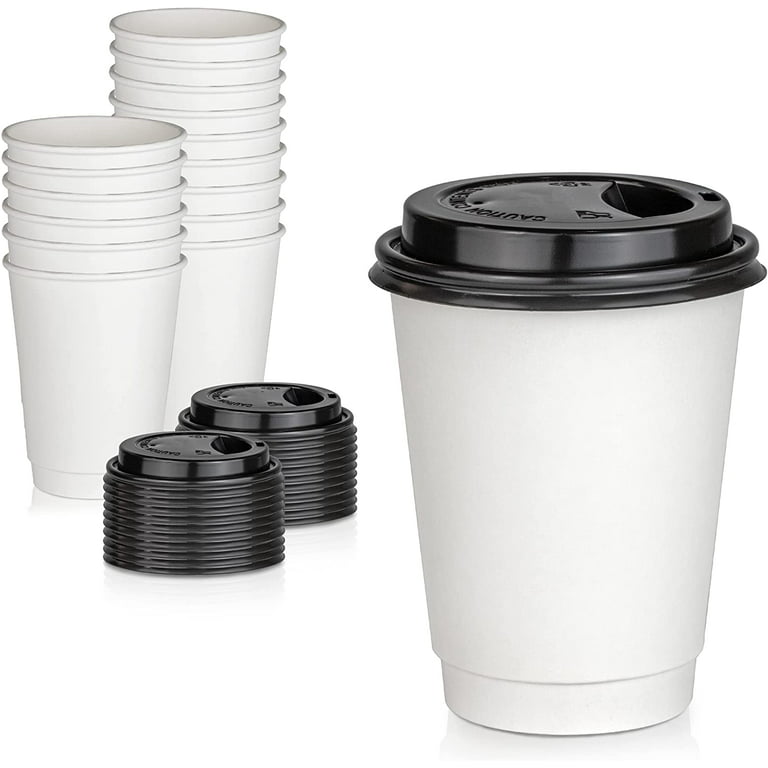 [25 Pack] 16oz Disposable White Paper Coffee Cups with Black Dome Lids and  Protective Corrugated Cup Sleeves - Perfect Disposable Travel Mug for Home