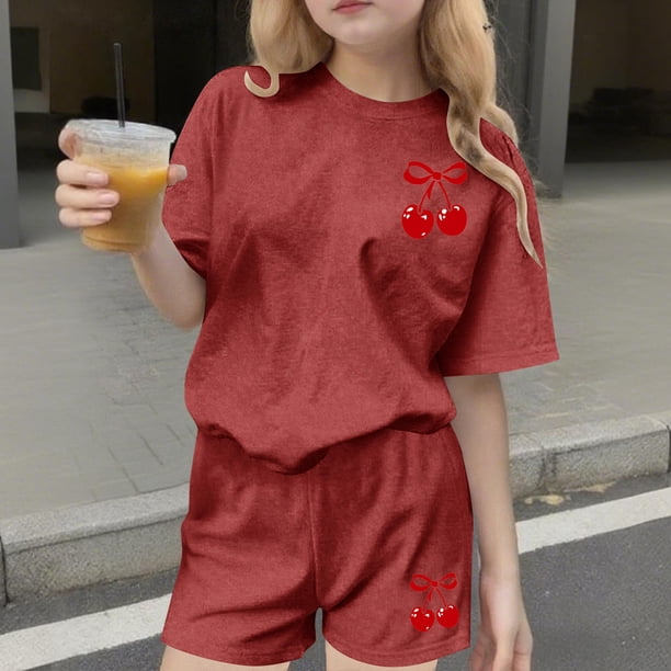 Conjuntos de blusas y camisas de cuello redondo y manga corta para niños, conjunto de dos piezas de top y pantalones cortos de manga corta con cuello redondo y manga corta para niños, top de poliéster