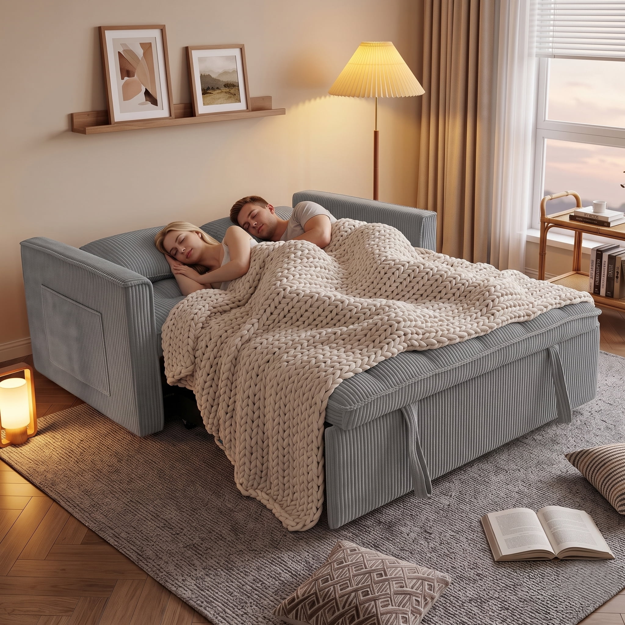 ShiKeyi 54" Corduroy Convertible Sofa Bed, 3 in 1 Pull Out Sleeper Sofa, Loveseat Couch with Storage Pocket, Light Gray