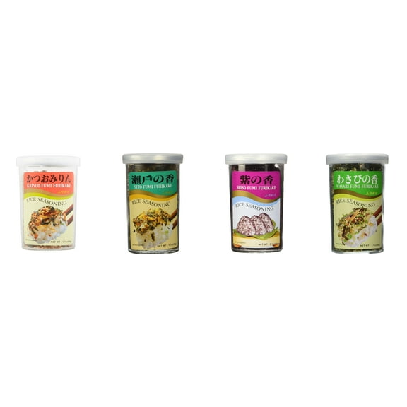 Ajishima JFC Rice Seasoning Fumi Furikake 4 Flavor Mixed Bundle (Katsuo,Seto,Shiso,Wasabi) Plus NineChef Brand Long Handle Coffee Spoon