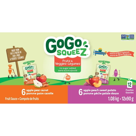 Emballage assortis de compote de fruits Fruitz & Légumez GoGo squeeZ , Poire carotte, pêche patate douce, sans sucre ajouté. 90 g par gourde, emballage de 12 1,08 kg