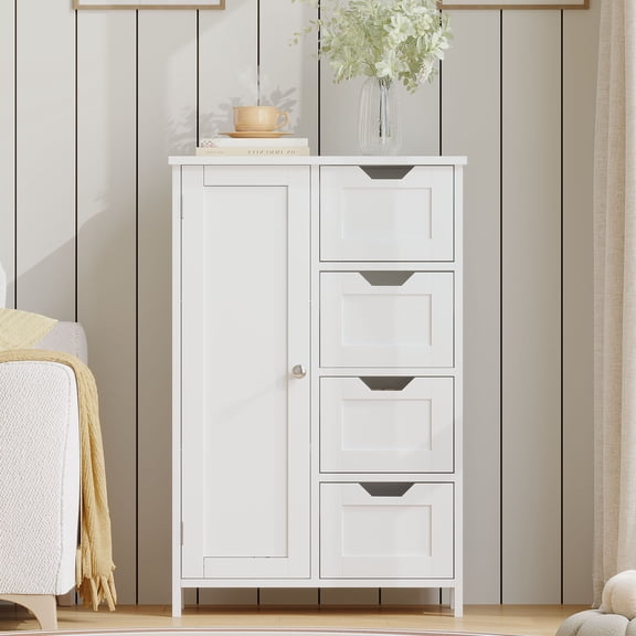 CQSXDA Versatile Narrow Storage Cabinet with 4 Drawers and 1 Door in White, for Bathroom, Hallway, or Living Room Use