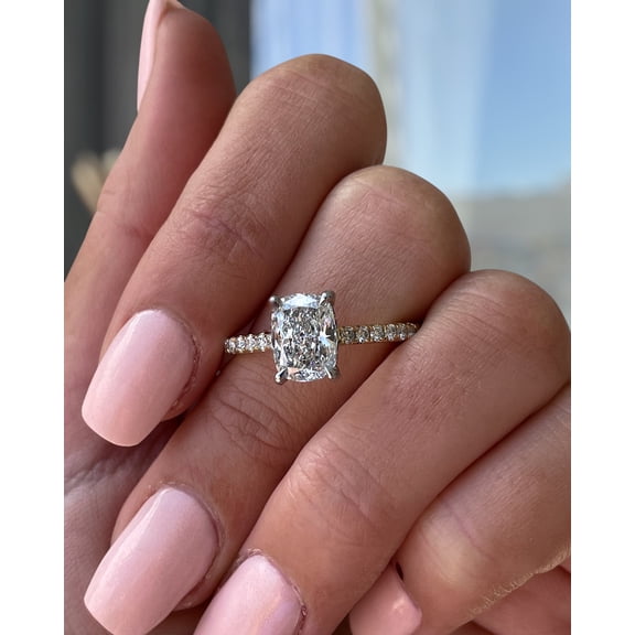 3.00Ct Elongated Cushion Cut Lab-Grown Diamond Engagement Ring, Hidden Halo & Pavé, 18K Rose Gold