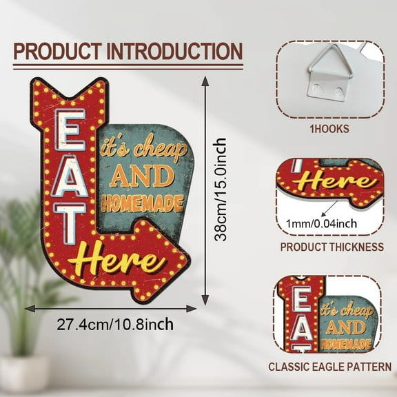 Eat Here Vintage Metal Tin Sign 10.8x14.9 Inch It's Cheap and Homemade Funny Metal Sign Arrow Wall Art Poster Metal Plaque for Restaurant Pub Kitchen Cottage Food Store Bistro Snack Bar