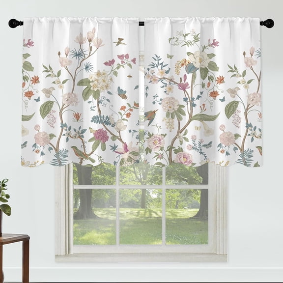 Flower Leaves Curtains 27 Inches Wide 24 Inches Length 2 Panels Elegant White Floral Rod Pocket Window Curtain Plant Printed Curtains for Kitchen Bathroom